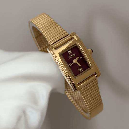 Geometric Edge: Red Square Dial Watch with Gold Rectangular Bezel & Gold Stainless Steel Bracelet