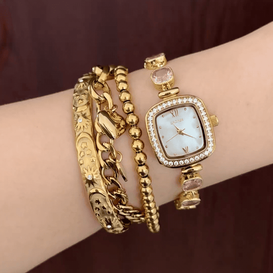 Gem Shine: White Square Dial Watch with Gold Square Bezel & Pink Gemstone-Accented Gold Bracelet