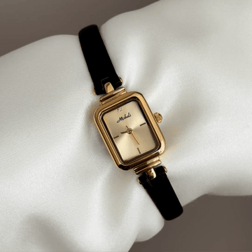 Timeless Elegance: Gold Rectangular Dial Watch with Black Genuine Leather Strap