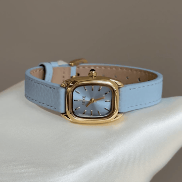 Everyday Serenity：Blue Rectangular Dial Watch – Gold Rectangular Bezel & Blue Leather Strap Quartz