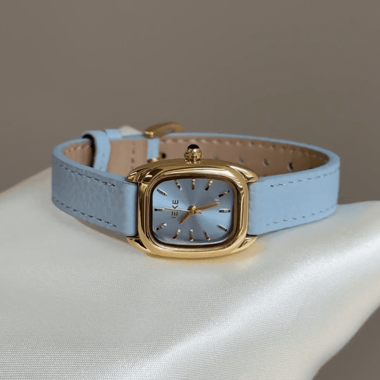 Everyday Serenity：Blue Rectangular Dial Watch – Gold Rectangular Bezel & Blue Leather Strap Quartz