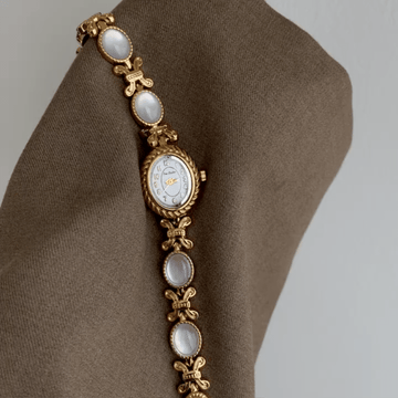 French Vintage Women's Quartz Watch with Mother of Pearl Dial | Gold Oval Case & Twisted Bezel Dress Watch
