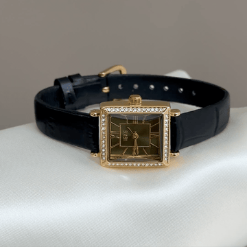 Vintage Luxe:Green Square Dial Watch – Gold Square Case & Black Leather Band Quartz