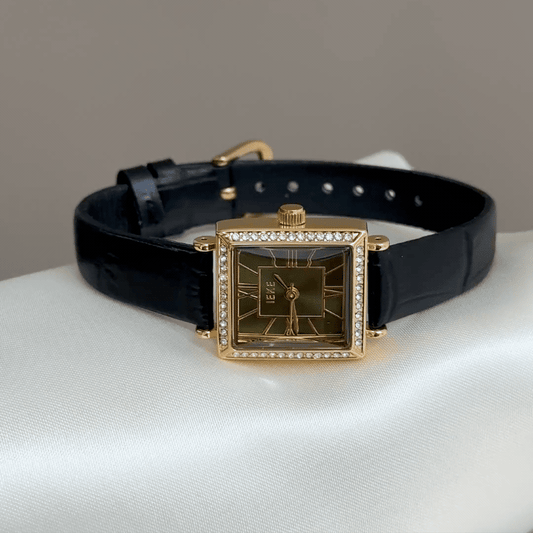 Vintage Luxe:Green Square Dial Watch – Gold Square Case & Black Leather Band Quartz