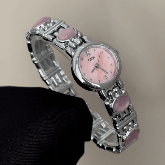 Delicate Elegance: Pink Mother-of-Pearl Round Dial Watch with Silver Bezel & Pink Gemstone Alloy Bracelet