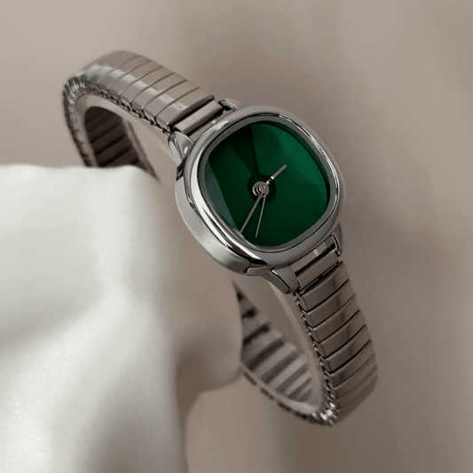 Fresh Natural: Green Oval Dial Watch with Silver Expandable Stainless Steel Bracelet