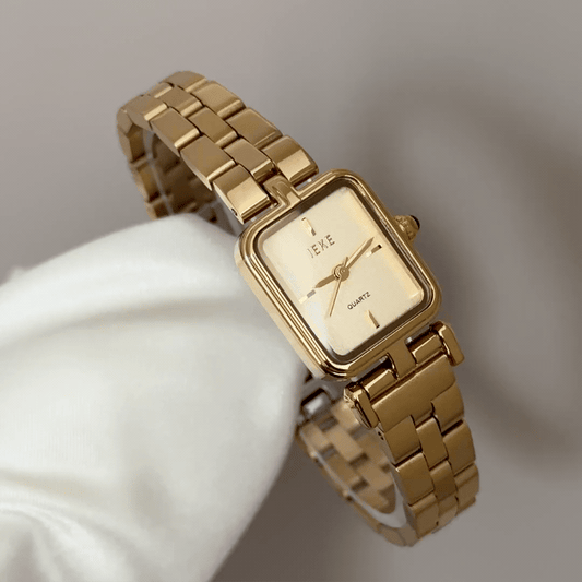 Sleek Geometry: Gold Rectangular Dial Watch with Matching Bezel & Gold Stainless Steel Bracelet
