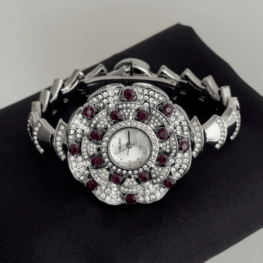 Diamond Sparkle: White Round Dial Watch with Silver Flower-Shaped Diamond Bezel & Diamond Stainless Steel Bracelet