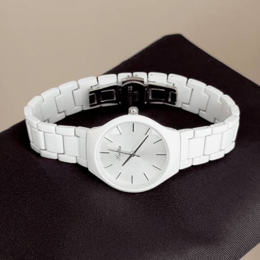 Minimalist Purity Elegant: White Round Dial Watch with White Stainless Steel Bracelet
