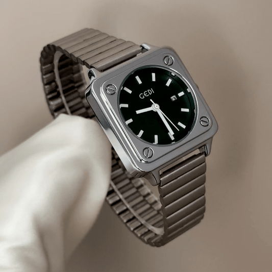 Geometric Elegance: Green Round Dial Watch with Silver Rectangular Bezel & Stainless Steel Bracelet