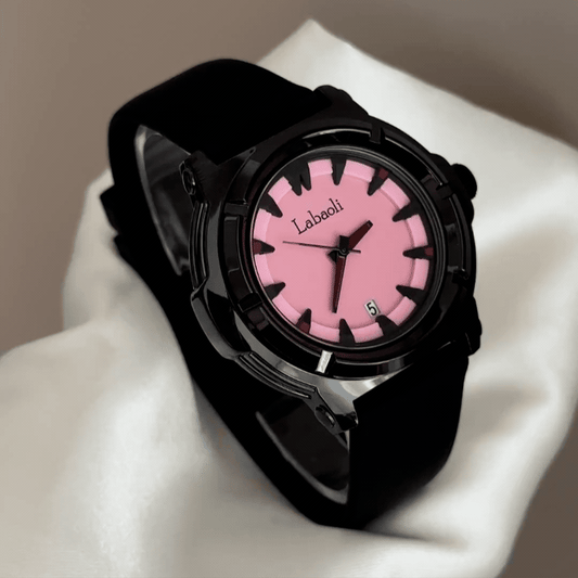 Modern Contrast: Pink Round Dial Watch with Black Bezel & Black Silicone Strap