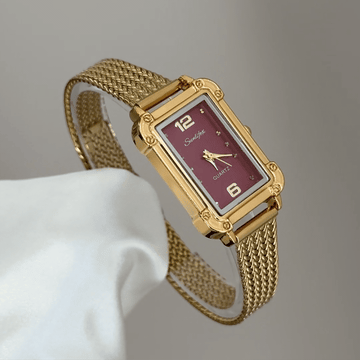 Passionate Red：Red Rectangular Dial Watch – Gold Rectangular Bezel & Gold Stainless Steel Bracelet Quartz