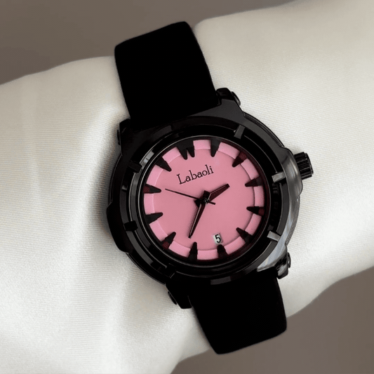 Modern Contrast: Pink Round Dial Watch with Black Bezel & Black Silicone Strap
