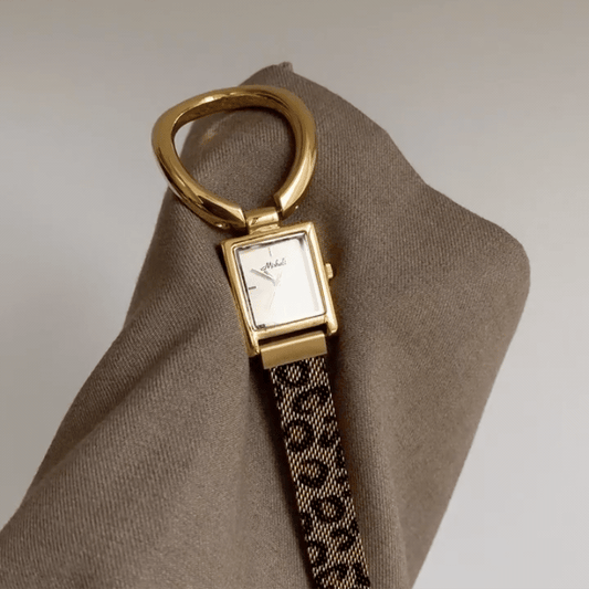 Bold Glamour:Gold Rectangular Dial Watch with Gold Rectangular Bezel & Brown Leopard-Print Strap with Gold Large Round Stainless Steel Links