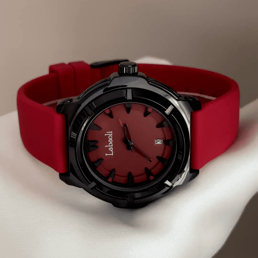 Vibrant Sporty: Red Round Dial Watch with Black Bezel & Red Silicone Strap