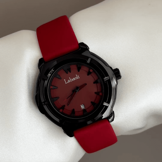 Vibrant Sporty: Red Round Dial Watch with Black Bezel & Red Silicone Strap