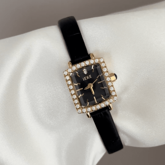 Everyday Luxe: Black Rectangular Dial Watch with Gold Diamond Bezel & Black Leather Strap