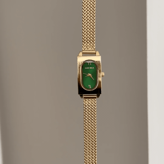 Everyday Luxe: Green Oval Dial Watch with Gold Rectangular Bezel & Wheat-Pattern Bracelet