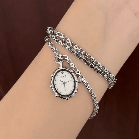 Minimalist Silver: White Oval Dial Watch with Silver Oval Bezel & Silver Alloy Necklace Pendant