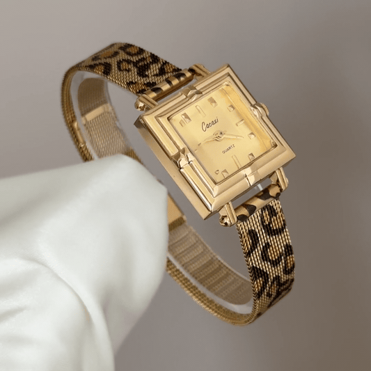 Leopard Chic: Gold Square Dial Watch with Brown Leopard Print Stainless Steel Bracelet