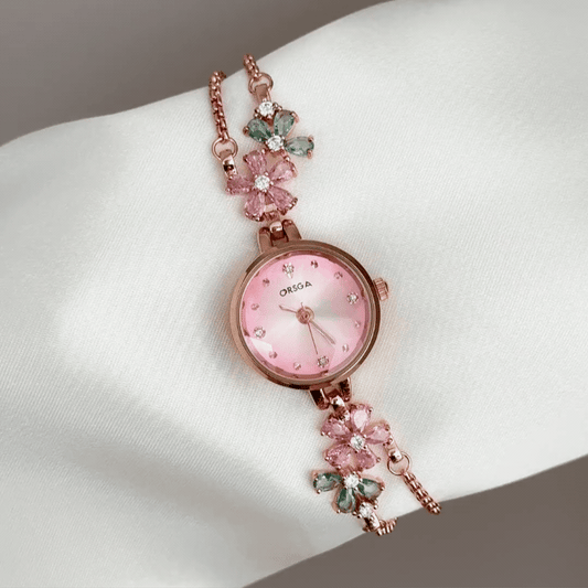 Everyday Sweet: Pink Round Dial Watch with Rose Gold Bezel & Rose Gold Chain Bracelet