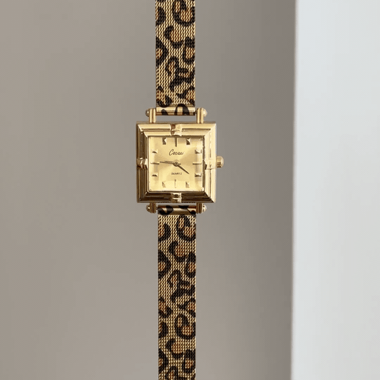 Leopard Chic: Gold Square Dial Watch with Brown Leopard Print Stainless Steel Bracelet