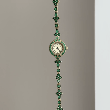 Emerald Luxe: Gold Round Dial Watch with Green Gemstone Bezel & Green Accent Bracelet