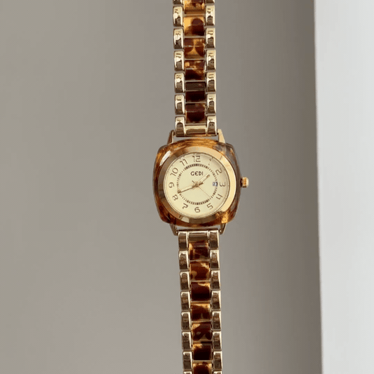 Geometric Mix: Gold Round Dial Watch with Brown Rectangular Bezel & Gold-Brown Alternating Alloy Bracelet
