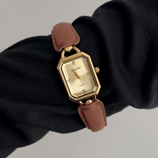 Refined Modern: Gold Rectangular Dial Watch with Gold Square Bezel & Brown Leather Strap