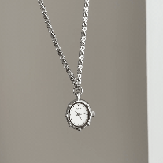 Minimalist Silver: White Oval Dial Watch with Silver Oval Bezel & Silver Alloy Necklace Pendant