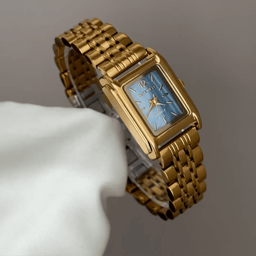 Gilded Sophistication: Blue Rectangular Dial Watch with Gold Stainless Steel Bracelet