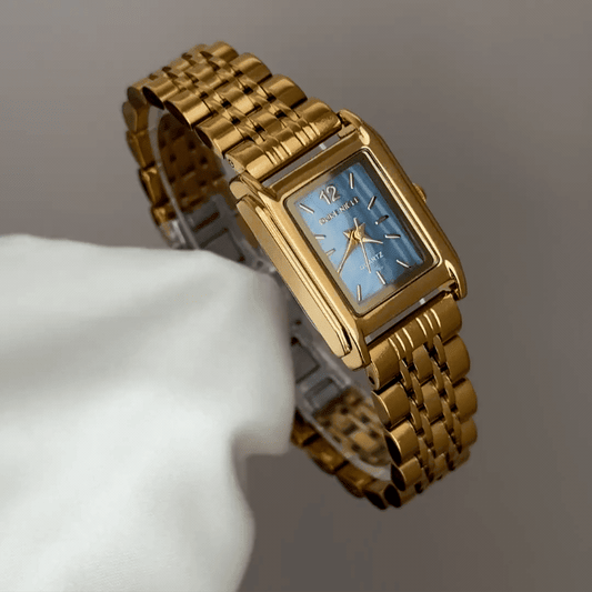 Gilded Sophistication: Blue Rectangular Dial Watch with Gold Stainless Steel Bracelet