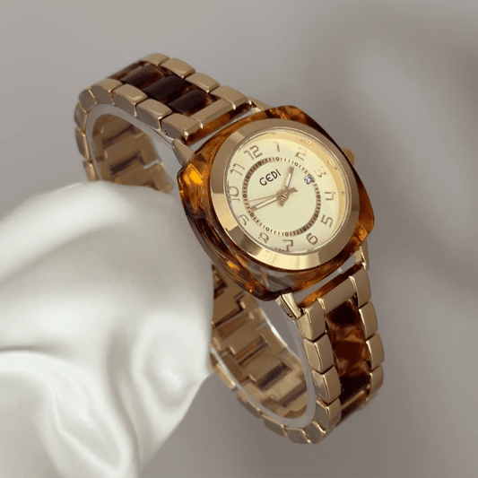 Geometric Mix: Gold Round Dial Watch with Brown Rectangular Bezel & Gold-Brown Alternating Alloy Bracelet