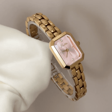 Slim Elegance: Pink Rectangular Dial Watch with Gold Bezel & Slim Gold Bracelet