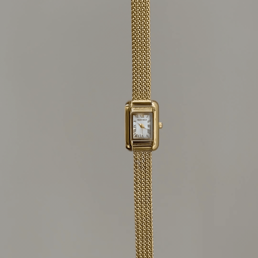 Vintage Rectangle：White Rectangular Dial Watch – Gold Rectangular Bezel & Gold Stainless Steel Link Bracelet