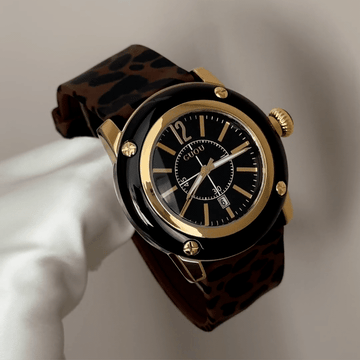 Leopard Chic: Black Round Dial Watch with Black Bezel & Brown Leopard Print Silicone Strap