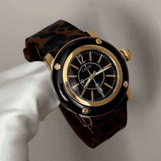 Leopard Chic: Black Round Dial Watch with Black Bezel & Brown Leopard Print Silicone Strap