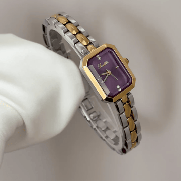 Modern Charm: Purple Rectangular Dial Watch with Silver Bezel & Gold-Silver Alternating Slim Bracelet