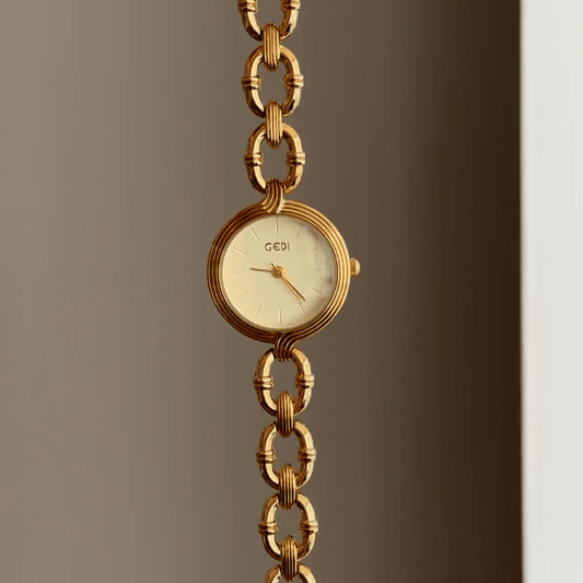 Textured Chic: Gold Round Dial Watch with Gold Denim-Textured Alloy Bracelet