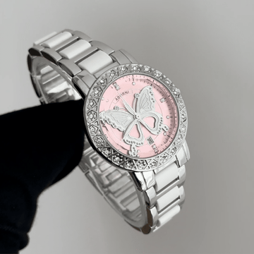 Dreamy Romantic: Pink Dial Silver Watch with Diamond Bezel & Stainless Steel Link Bracelet