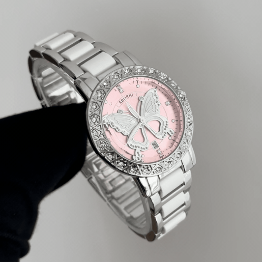 Dreamy Romantic: Pink Dial Silver Watch with Diamond Bezel & Stainless Steel Link Bracelet