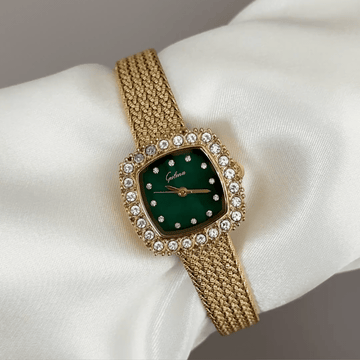 Emerald Sparkle: Green Square Diamond Dial Watch with Gold Square Bezel & Gold Wheat Pattern Bracelet