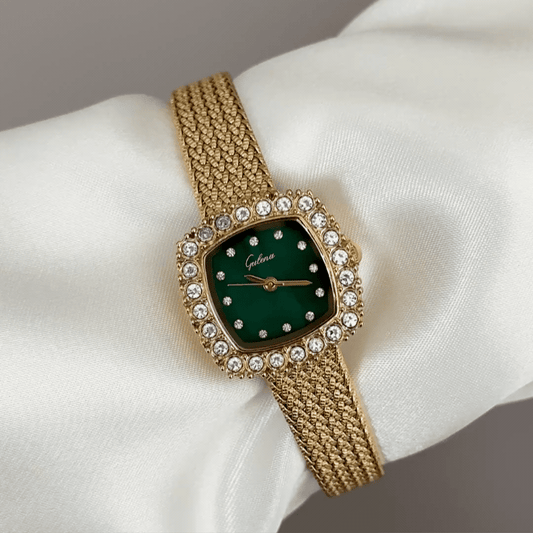Emerald Sparkle: Green Square Diamond Dial Watch with Gold Square Bezel & Gold Wheat Pattern Bracelet