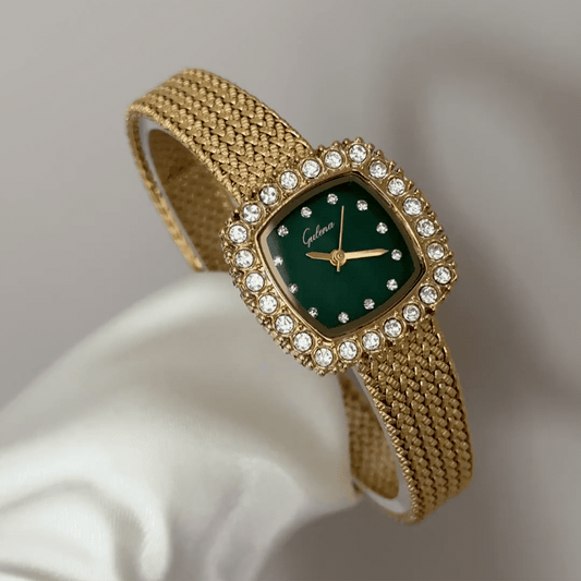 Emerald Sparkle: Green Square Diamond Dial Watch with Gold Square Bezel & Gold Wheat Pattern Bracelet