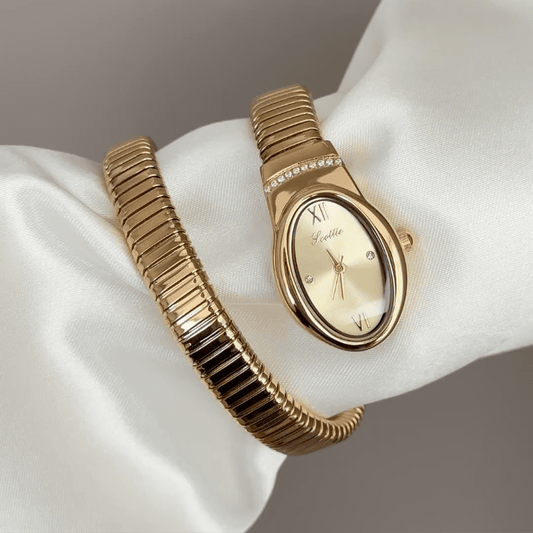 Loop Cuff: Gold Serpent-Head Dial Watch with Matching Bezel & Gold Loop Cuff Bracelet