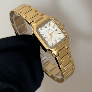 Sophisticated Minimalist: Square Gold Watch with Pristine White Dial & Polished Stainless Steel Bracelet