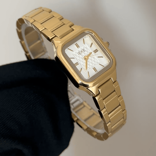 Sophisticated Minimalist: Square Gold Watch with Pristine White Dial & Polished Stainless Steel Bracelet