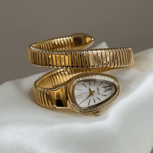 Statement Jewelry：White Serpent Head Dial Watch – Gold Serpent Head Bezel & Gold Stainless Steel Serpent Cuff Bracelet