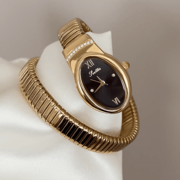 Gilded Shadow: Black Serpent-Head Dial Watch with Gold Bezel & Gold Loop Cuff Bracelet