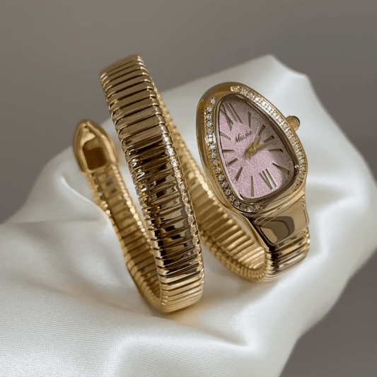 Feminine Serpent Charm：Pink Serpent Head Dial Watch – Gold Serpent Head Bezel & Gold Stainless Steel Serpent Cuff Bracelet